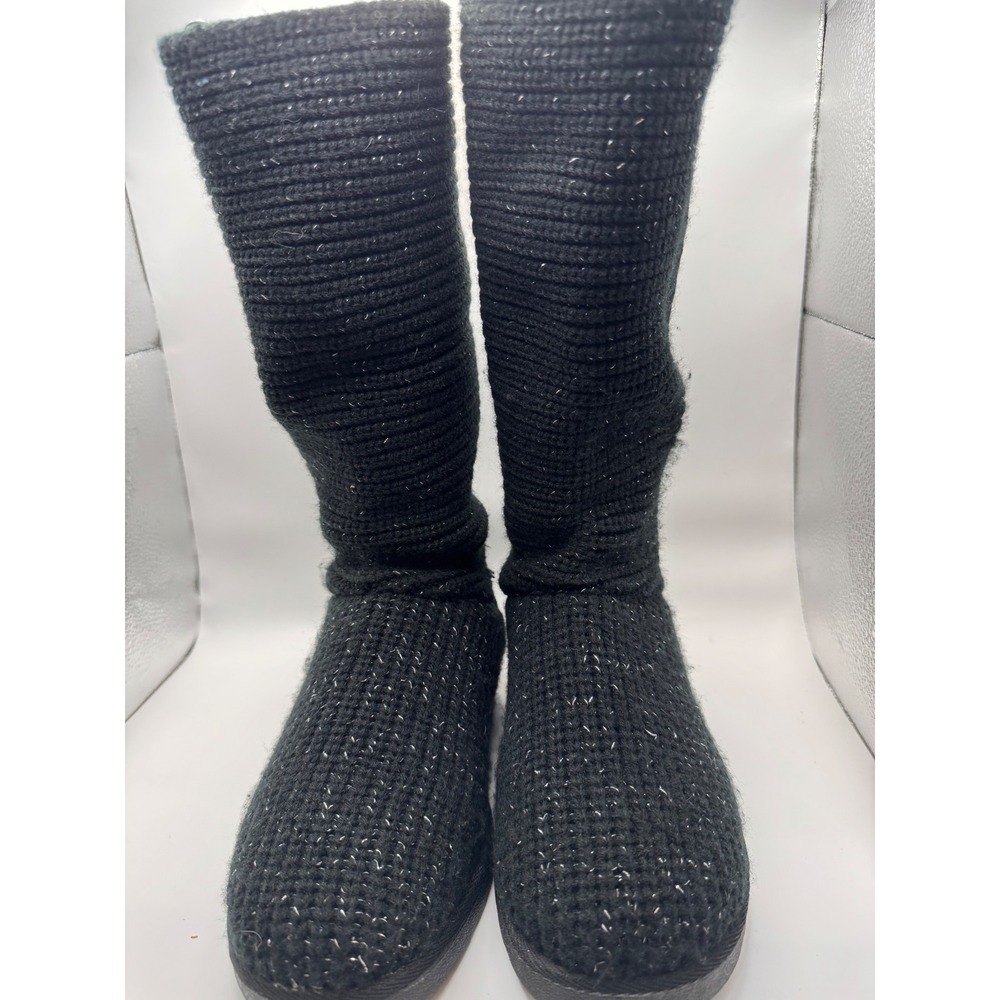 Black Knit Tall Boots with Zipper Accent Sparkle Detail